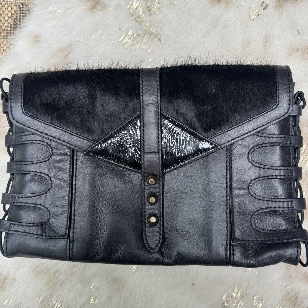 Pour La Victoire Black Leather Hair-On Lace Up Corset Clutch Statement